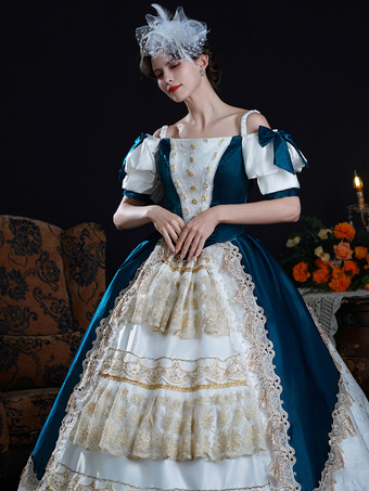 Vestido rococó vintage para mujer con lazos volantes bloques de color manga corta vestido de gala