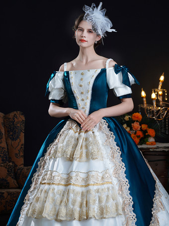 Vestido rococó vintage para mujer con lazos volantes bloques de color manga corta vestido de gala