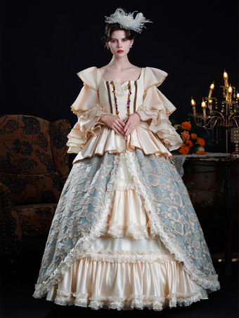ChampagnerRokoko-Damenkleid im Vintage-Stil mit Farbblockmuster Rüschen langen Ärmeln und Farbblock-Ballkleid