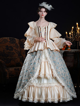 Rokoko-Damenkleid im Vintage-Stil mit Farbblockmuster Rüschen langen Ärmeln und Farbblock-Ballkleid