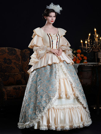 Rokoko-Damenkleid im Vintage-Stil mit Farbblockmuster Rüschen langen Ärmeln und Farbblock-Ballkleid