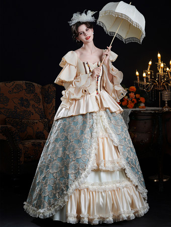 Rokoko-Damenkleid im Vintage-Stil mit Farbblockmuster Rüschen langen Ärmeln und Farbblock-Ballkleid
