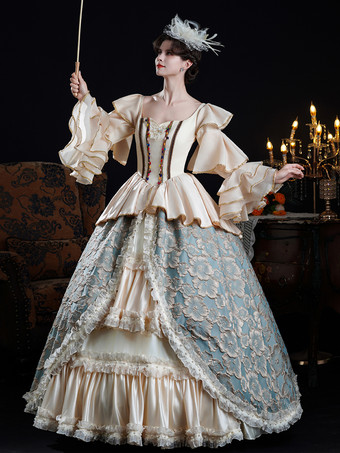 Rokoko-Damenkleid im Vintage-Stil mit Farbblockmuster Rüschen langen Ärmeln und Farbblock-Ballkleid