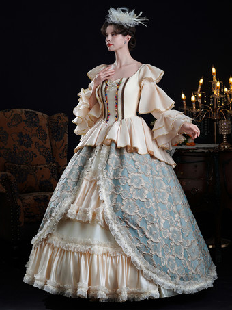 Rokoko-Damenkleid im Vintage-Stil mit Farbblockmuster Rüschen langen Ärmeln und Farbblock-Ballkleid