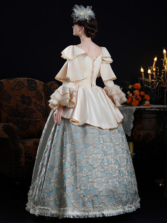 Rokoko-Damenkleid im Vintage-Stil mit Farbblockmuster Rüschen langen Ärmeln und Farbblock-Ballkleid