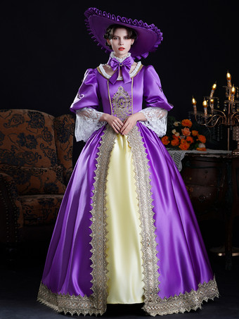 MoradoVestido barroco vintage de encaje morado con mangas largas y bloques de color para mujer