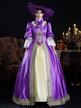 Vestido barroco vintage de encaje morado con mangas largas y bloques de color para mujer
