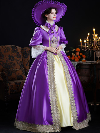 Vestido barroco vintage de encaje morado con mangas largas y bloques de color para mujer