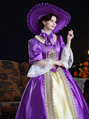 Vestido barroco vintage de encaje morado con mangas largas y bloques de color para mujer