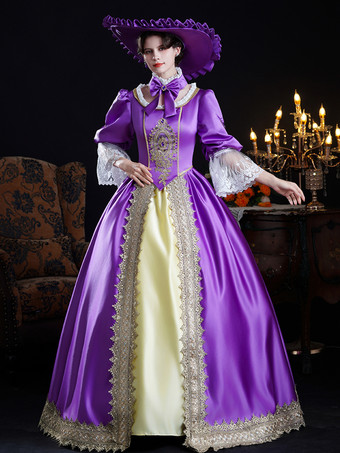 Vestido barroco vintage de encaje morado con mangas largas y bloques de color para mujer