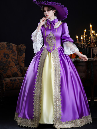 Vestido barroco vintage de encaje morado con mangas largas y bloques de color para mujer