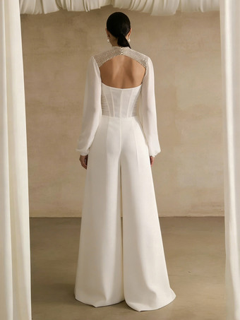 ブライダルジャンプスーツ ストレッチクレープ プリーツ フロアレングス ジャンプスーツ デザインネックライン 長袖 ナチュラルウエスト アイボリー