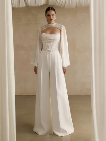 アイボリーブライダルジャンプスーツ ストレッチクレープ プリーツ フロアレングス ジャンプスーツ デザインネックライン 長袖 ナチュラルウエスト アイボリー