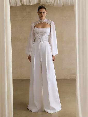 ホワイトブライダルジャンプスーツ ストレッチクレープ プリーツ フロアレングス ジャンプスーツ デザインネックライン 長袖 ナチュラルウエスト アイボリー