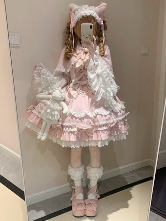 Set Sweet Lolita con volant rosa fiocchi mantello e abito