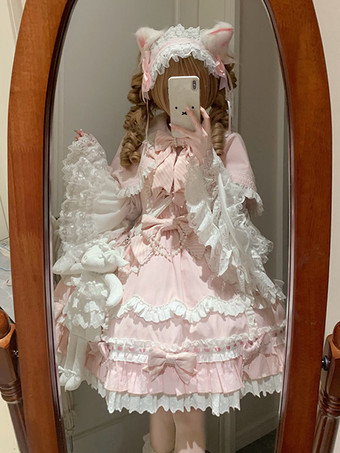 Set Sweet Lolita con volant rosa fiocchi mantello e abito