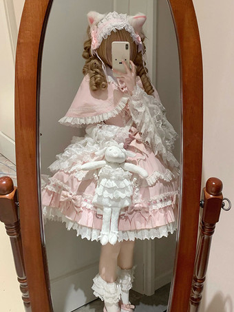 Set Sweet Lolita con volant rosa fiocchi mantello e abito