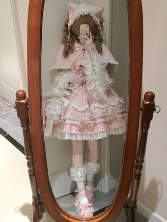 Set Sweet Lolita con volant rosa fiocchi mantello e abito