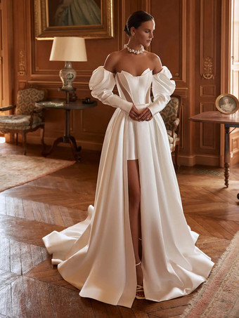 ツーピースウェディングドレス チュール カットアウトデザインネックライン ツーピース トレーン付き ジッパー 7分袖 ロング アイボリー