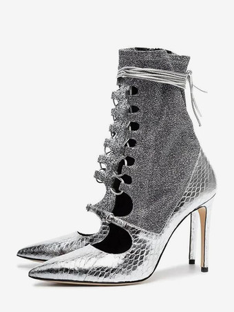 Silbrig Silberne Stiefeletten für Damen spitz zulaufend Schnürung hoher Absatz Party-Stiefeletten