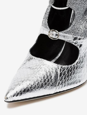 Silberne Stiefeletten für Damen spitz zulaufend Schnürung hoher Absatz Party-Stiefeletten