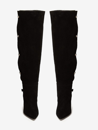 Botas de gamuza hasta la rodilla con punta puntiaguda y tacón alto con cuentas para mujer