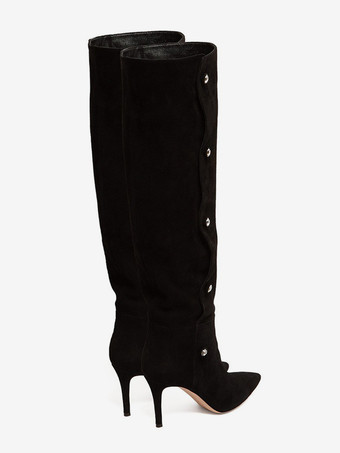 Botas de gamuza hasta la rodilla con punta puntiaguda y tacón alto con cuentas para mujer