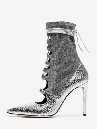 Silberne Stiefeletten für Damen spitz zulaufend Schnürung hoher Absatz Party-Stiefeletten