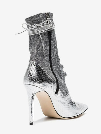 Silberne Stiefeletten für Damen spitz zulaufend Schnürung hoher Absatz Party-Stiefeletten