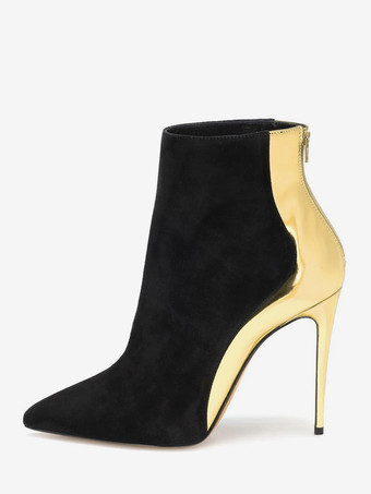 Black Women's Ankle Boots Pointed Toe Suede Patchwork High Heel Booties