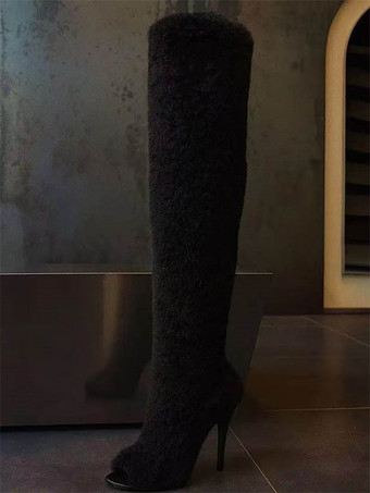 フェイクファーのオーバーニーブーツ、オープントゥのハイヒール、サイハイブーツ