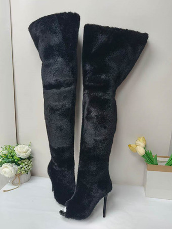 ブラック フェイクファーのオーバーニーブーツ、オープントゥのハイヒール、サイハイブーツ