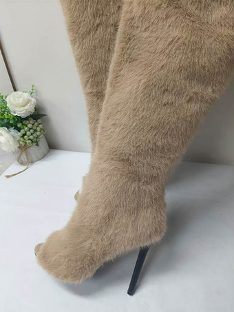 フェイクファーのオーバーニーブーツ、オープントゥのハイヒール、サイハイブーツ