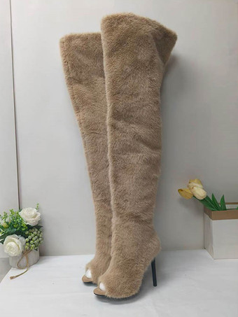 ライト アプリコットフェイクファーのオーバーニーブーツ、オープントゥのハイヒール、サイハイブーツ