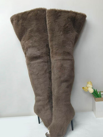 ブラウンフェイクファーのオーバーニーブーツ、オープントゥのハイヒール、サイハイブーツ