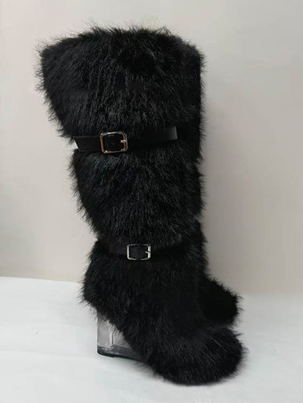 レディース フェイクファーブーツ ラウンドトゥ 透明ウェッジヒール ニーハイブーツ