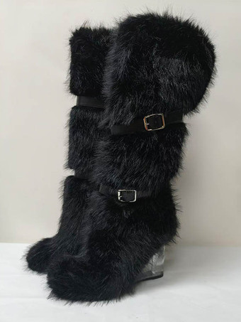 ブラック レディース フェイクファーブーツ ラウンドトゥ 透明ウェッジヒール ニーハイブーツ