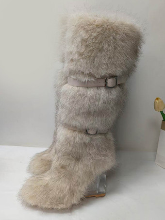 レディース フェイクファーブーツ ラウンドトゥ 透明ウェッジヒール ニーハイブーツ