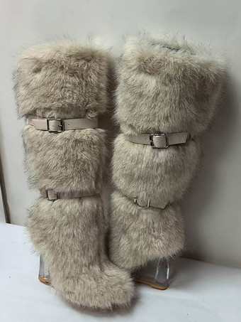 レディース フェイクファーブーツ ラウンドトゥ 透明ウェッジヒール ニーハイブーツ