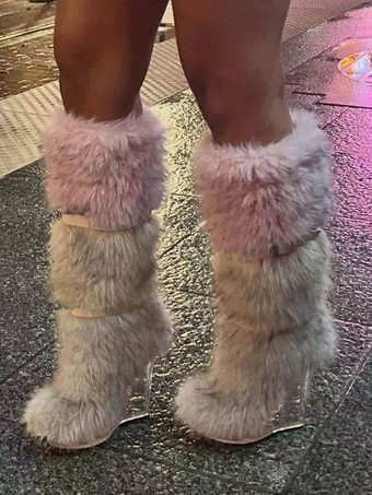 レディース フェイクファーブーツ ラウンドトゥ 透明ウェッジヒール ニーハイブーツ