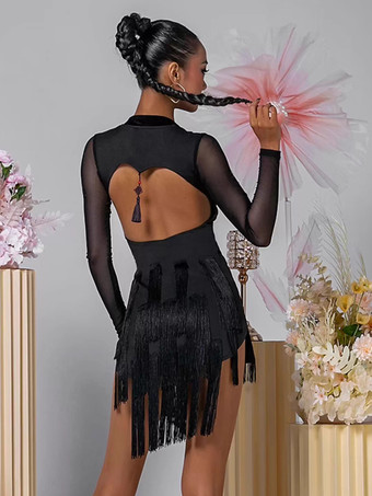 ラテンダンスドレス ブラック レディース フリンジ 長袖 背中開き エレガント ポリエステル ダンスウェア
