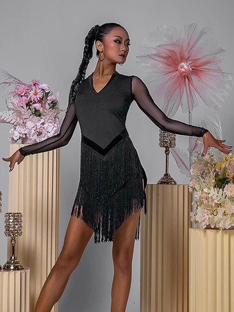 ラテンダンスドレス ブラック レディース フリンジ 長袖 背中開き エレガント ポリエステル ダンスウェア