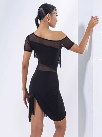 Abito da ballo latino sexy nero da donna in poliestere con maniche corte e frange per ballerine latine