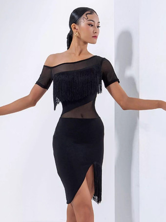 Nero Abito da ballo latino sexy nero da donna in poliestere con maniche corte e frange per ballerine latine