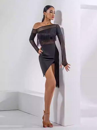 ラテンダンスドレス ブラック レディース フリンジ セクシー ワンショルダー ダンスドレス
