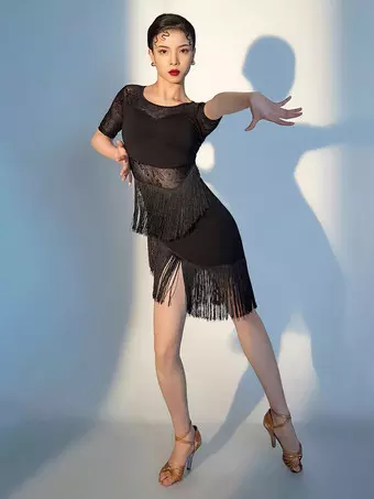 Latin Dance Dress Black Women's Fringe Mesh Sexy Short Sleeves Polyester  Dance Dress