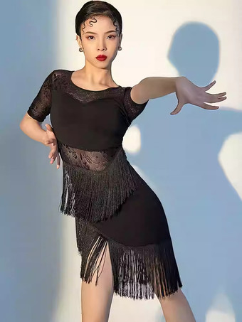 ラテンダンスドレス ブラック レディース フリンジ メッシュ セクシー 半袖 ポリエステル ダンスドレス