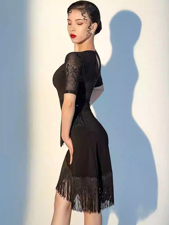 ラテンダンスドレス ブラック レディース フリンジ メッシュ セクシー 半袖 ポリエステル ダンスドレス