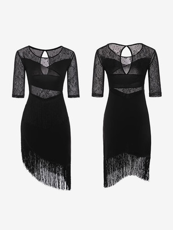 ラテンダンスドレス ブラック レディース フリンジ メッシュ セクシー 半袖 ポリエステル ダンスドレス