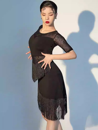 ラテンダンスドレス ブラック レディース フリンジ メッシュ セクシー 半袖 ポリエステル ダンスドレス